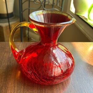 Vintage Rainbow Glass PITCHER Handblown Red Crackle Glass Yellow Handle VGC 6”